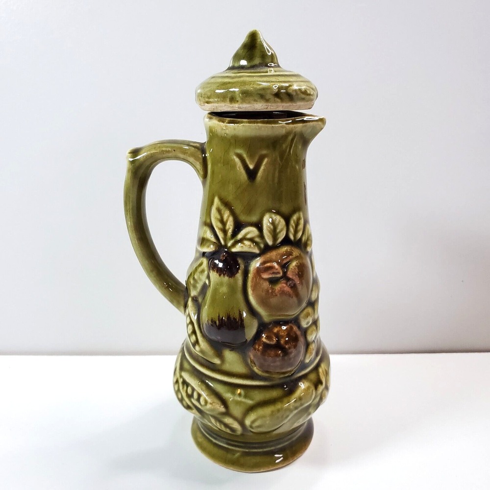 Vintage MCM Embossed Vegetables Fruit Green Vinegar Ceramic Cruet  6.25" Japan